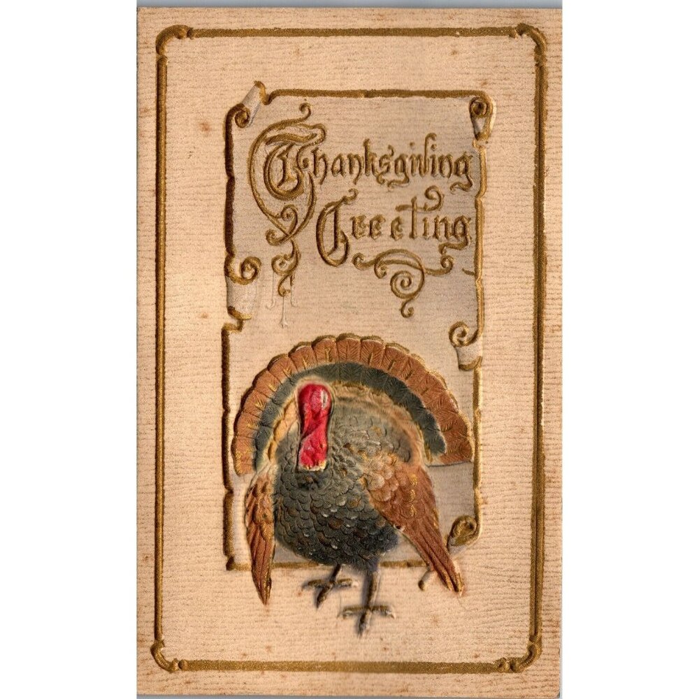 Postcard, Greeting, Thanksgiving, Velvet-like Turkey, Antique, (PC122)